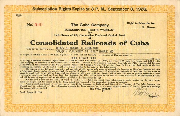 Consolidated Railroads of Cuba - 1926 dated Stock Warrant